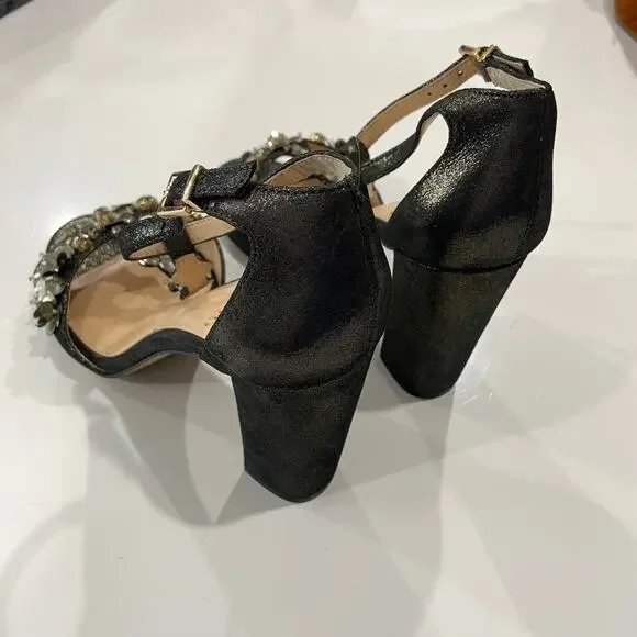 Vince Camuto Beaded Block Heels 8.5 Serafine Jeweled Suede T-Strap Heels - Picture 6 of 10